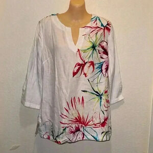 Tommy Bahama 3/4 sleeve 100% linen watercolor summer flower top women’s sz small